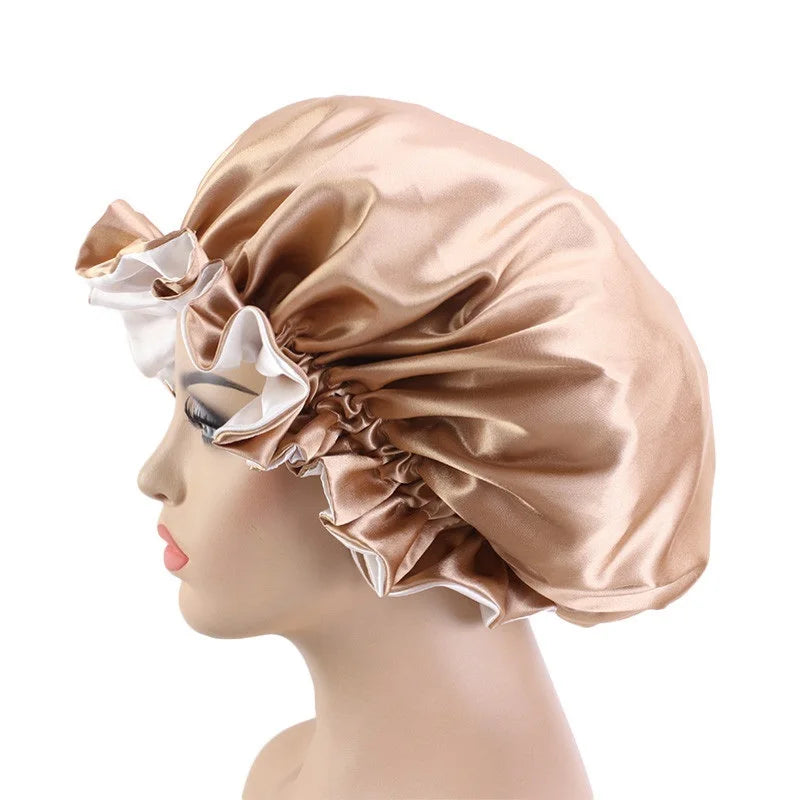 Lady Silk Night Sleep Hats Double Layer Head Cover Fashion Shower Cap Adjustable Silk Satin Bonnet For Women