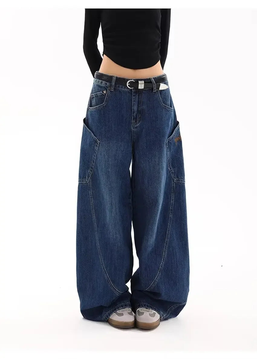 American Retro Knife Pocket Wide Leg Jeans Women's Spring Autumn Style Hot Girl High Street Design Loose Floor-Length Pants