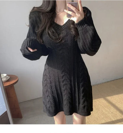 Korean Chic Autumn Gentle V-neck Linen Pattern Design Slimming Long Sleeve A- line Knitted Dress High Collar Ankle-length Dress