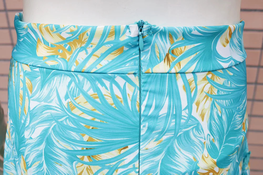 Ruffles Shoulder Two-piece Low Cut Top Leaf Print Skirt for Vacation