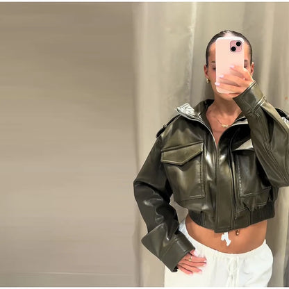 Vintage Zippers Short Leather Jackets Women's Casual Lapel Button Pockets Full Sleeve Coat 2025 Autumn New Lady Chic Streetwear