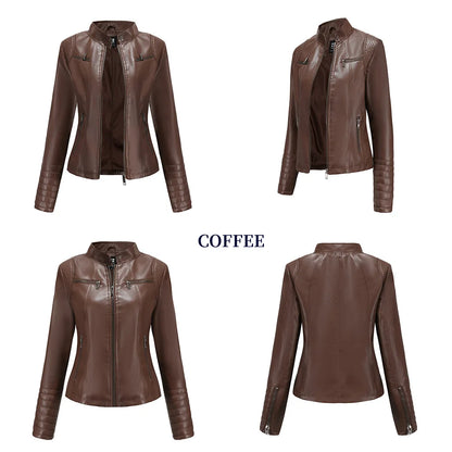 Women's Slim Leather Jacket, Stand-up Collar, Zipper Stitching, Monochromatic Coat, Fashion Clothing, New
