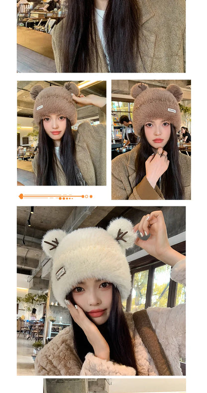 Knitted Hat Beanie Winter Warm Fleece Lined Reindeer Antlers Korean Style Cute Christmas Party Women Girls Thickened Thermal