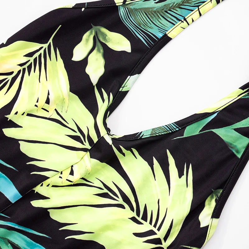 CUTENOVA Women'S V-Neck Tropical Botanical Print Hanging Neck Tie Backless Slim Flare Jumpsuit Fashion Elegant Street Jumpsuit