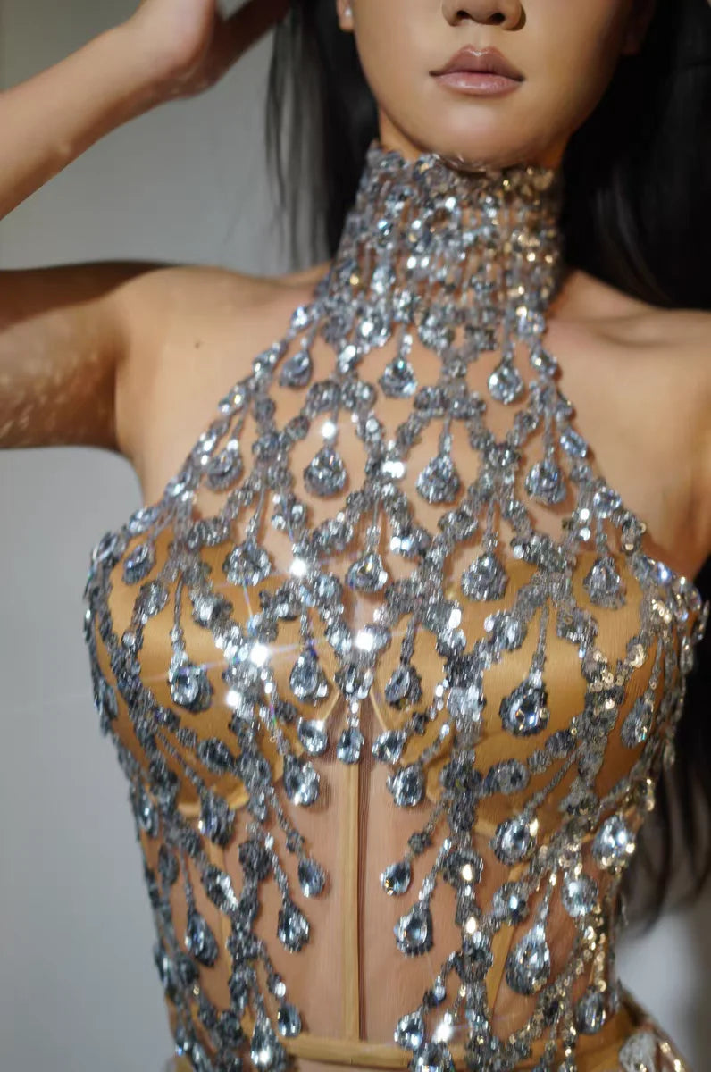 Luxurious Blue Diamond Sparkling Tassel Jazz Dance Performance Clothing Basketball Baby Performance Clothing Cheerleading Short