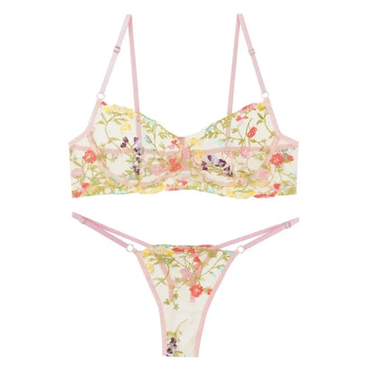 Floral Embroidery Lace Bras Set Women Sheer 2-Piece Sexy Bra + Panties Lingerie Fashion Underwear Set Intimates