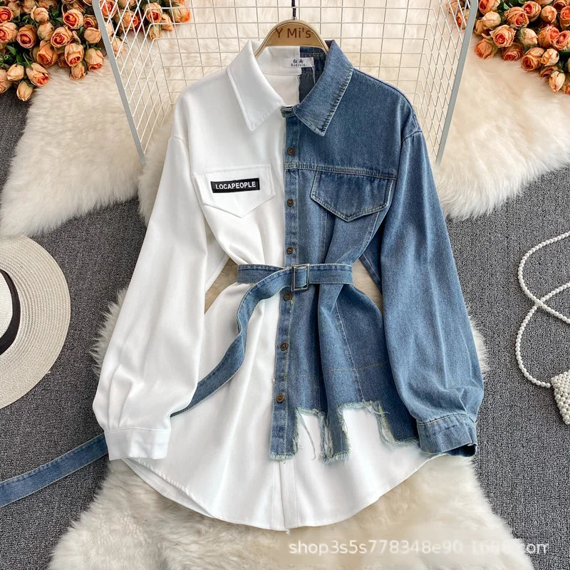 Slimming Denim Patchwork Lapel Dress Autumn Waist-fitted Medium-length Shirt