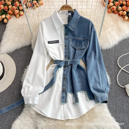Slimming Denim Patchwork Lapel Dress Autumn Waist-fitted Medium-length Shirt