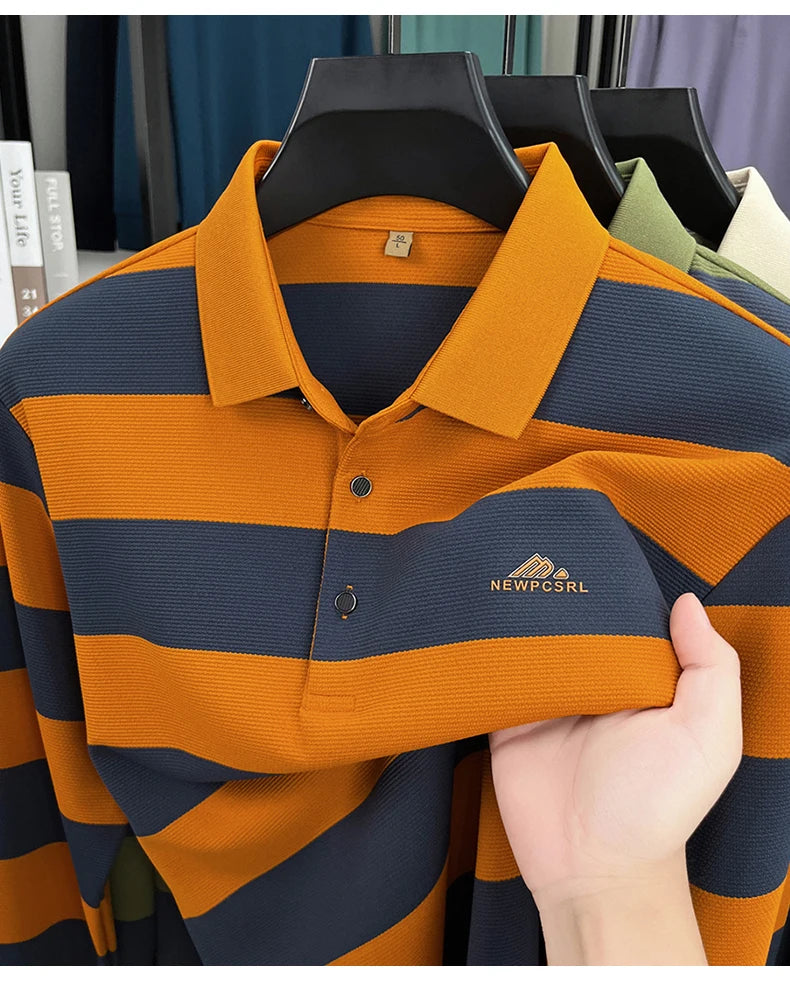 High end brand men's long sleeve polo shirt autumn fashion striped original letter design boutique golf casual business T-shirt