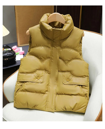 Down Cotton Vest Women 2025 New Autumn Winter Fashion Stand Collar All-Match Warm Sleeveless Waistcoat Jacket Ladies Female Tops