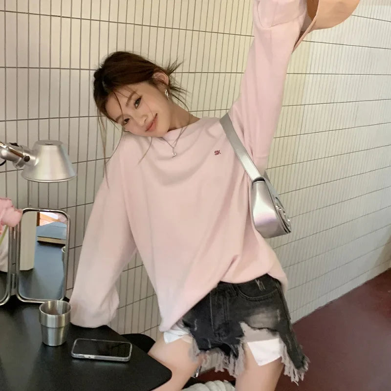 Light Pink Lettered Oversized Shoulder Sweatshirt Women's Full Sleeve round Neck Spring Autumn New Style Comfortable Casual Top