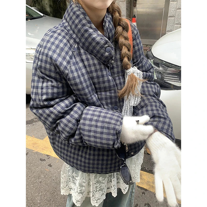 MEXZT Short Plaid Parkas Women Streetwear Stand Collar Puffer Jacket Winter Korean Down Coats Fashion Cotton Padded Outerwears