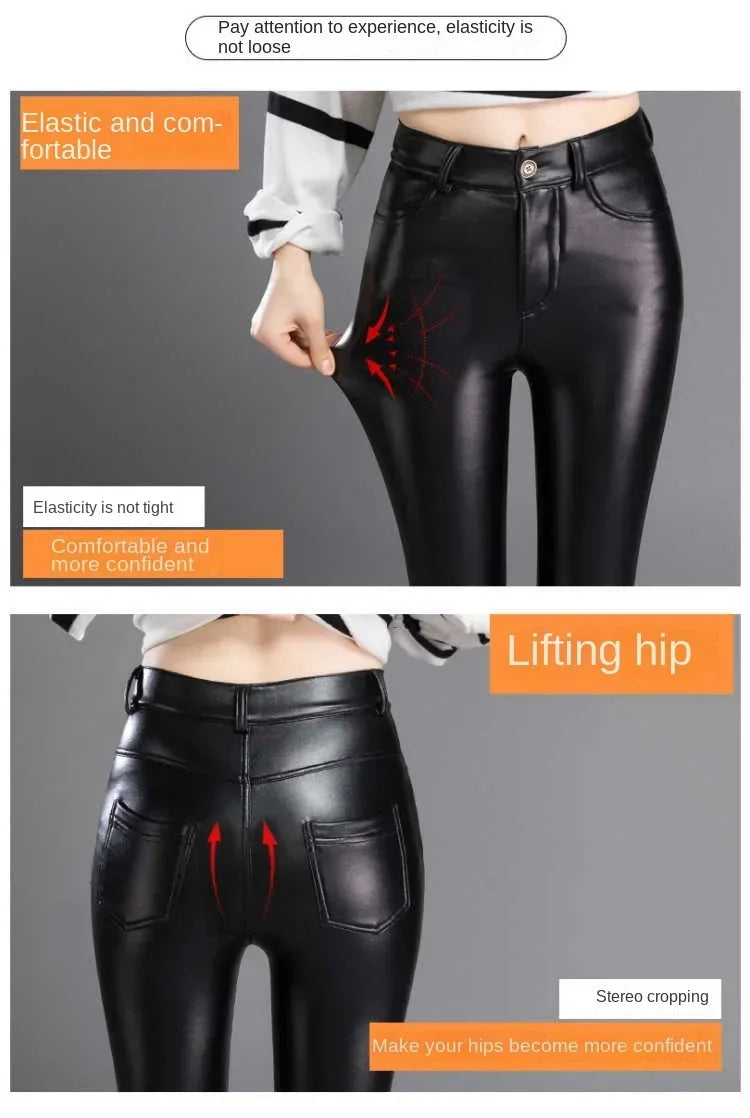 Cashmere PU Leather Pants Women's Autumn/Winter 2026 Thickened and Fleece High-Waisted Slim Fit Tight Warm Pants Leggings Black