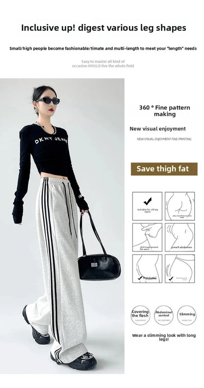 Black Striped Sports Pants Women's Spring Autumn Wide Leg Casual Loose High Waist Straight Leg Sweatpants