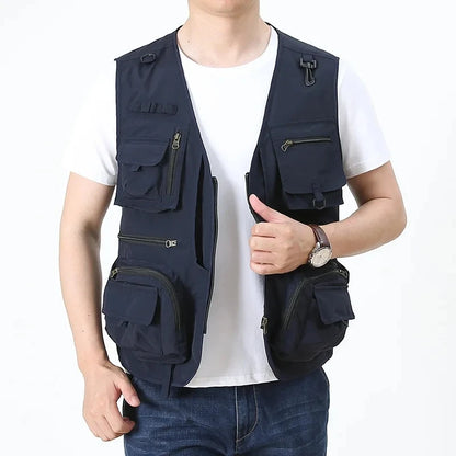 2025 New Men's Vest Tactical Webbed Gear Coat Summer Photographer Waistcoat Tool Many Pocket Mesh Work Sleeveless Jacket Male