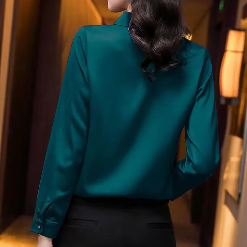 Elegant Women Chiffon Blouse New Temperament Turndown Collar Office Lady Shirt Streetwear Casual Solid Color Tops Clothing