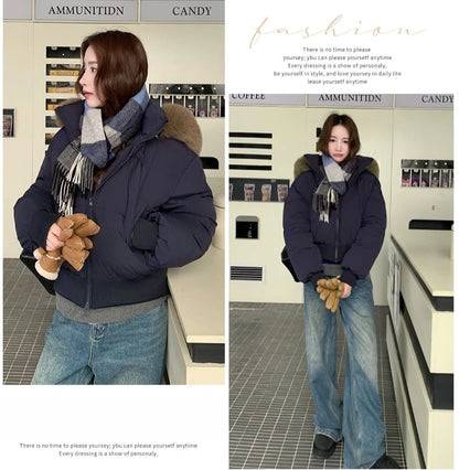 Casual Warm Fur Hooded Cropped Parkas Chic Streetwear Korean Style Down Cotton Coat Thicken Short Women's Winter 2025 Jacket