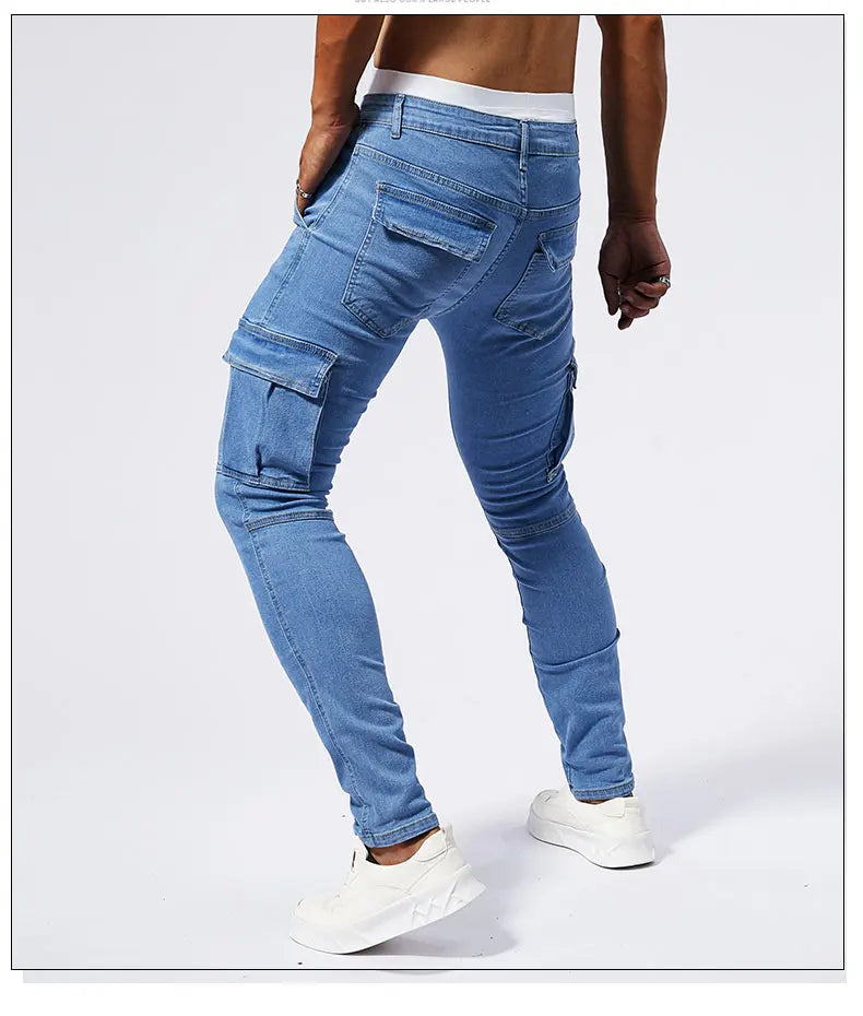 Street Elastic Jeans Men Denim Cargo Pants Wash Solid Color Multi Pockets Casual Mid Waist Trousers Slim Fit Daily Wear Joggers
