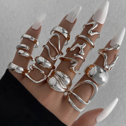 15Pcs/Set Exaggerated Metal Irregular Lines Water Droplet Smooth Rings for Women Men Punk Retro Boho Fashion Jewelry Gift