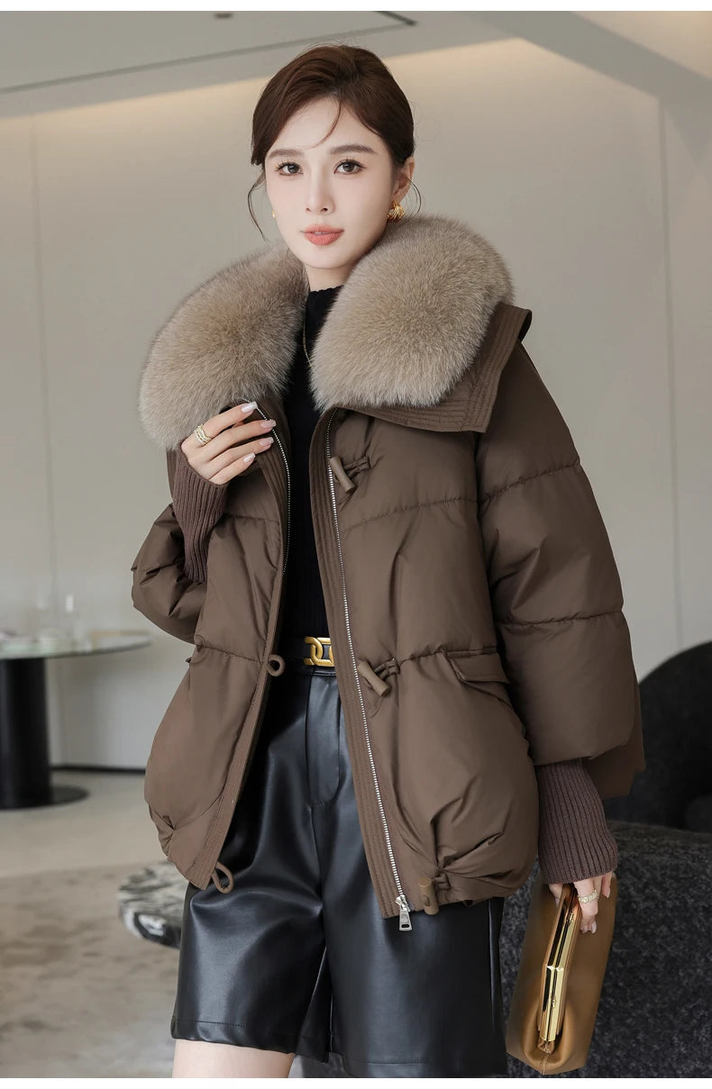 2025 Down Cotton Short Padded Jacket Women Parkas Fur Collar Autumn Winter Thick Coats Female Black Casual Outerwear Clothes