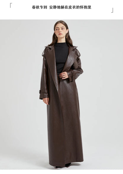 Lautaro Spring Autumn Extra Long Brown Pu Leather Trench Coat for Women Sashes Luxury Chic Overcoat Runway European Fashion 2024