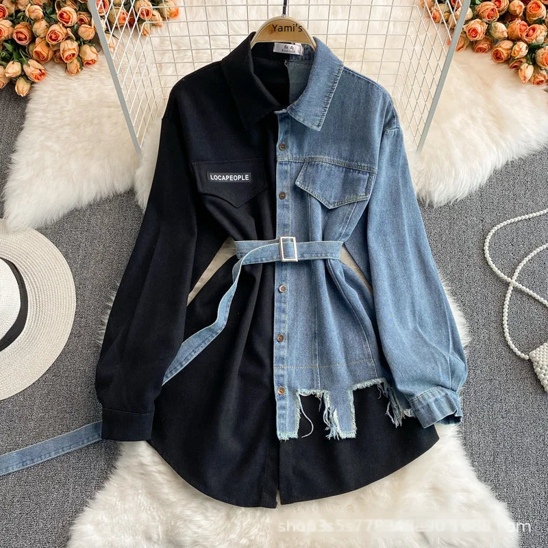 Slimming Denim Patchwork Lapel Dress Autumn Waist-fitted Medium-length Shirt