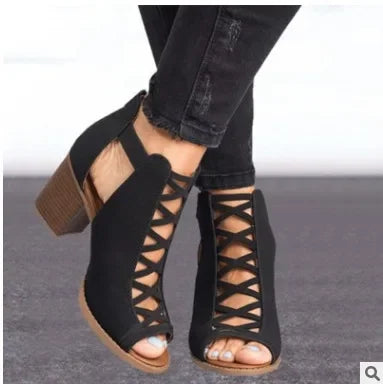 Wish2025 Summer New Roman Fish Mouth Hollow out Large Size 43 Buckle Sandals Thick Heel High Heel Independent Station Shoes