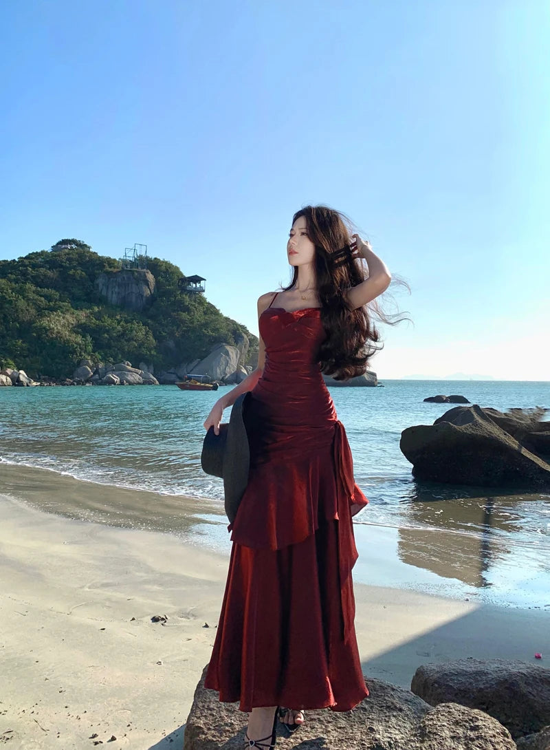 Sexy Solid Spaghetti Strap Sleeveless Evening Dresses Elegant Ruffles Party Long Dress For Women Summer Slim Beach New Vestidos