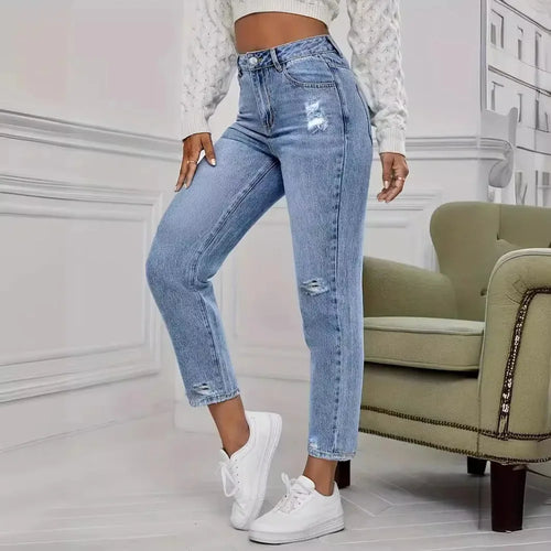 Casual Washed Ripped Jeans for Women Spring and Summer New Fashion Straight Nine Minutes of Pants Women