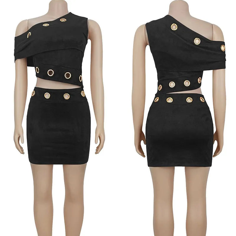 Sexy Night Club Party Birthday Outfit Woman 2 Piece Sets Fall Winter 2025 Metal Ring Hollow Out Crop Top and Mini Skirt Set