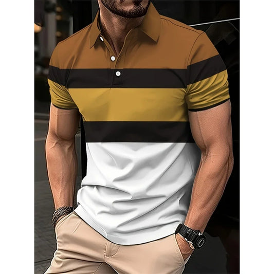 3D Printed Colorful Stripes Polo Shirt For Men Color Block Pattern Short Sleeve Tees Summer Casual Lapel Tops Oversized T-Shirts