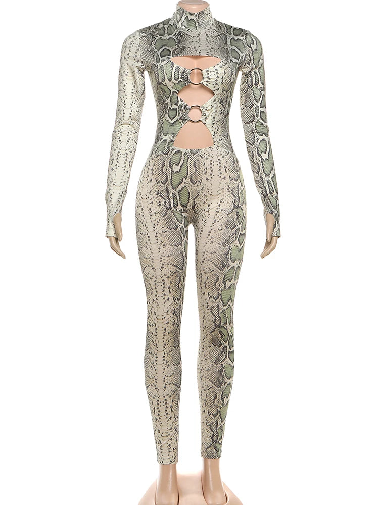 Sisterlinda Hollow Jumpsuit Woman Sexy Snake Print Cirque Full Sleeve Skinny Fitness Midnight Clubwear Party Coquette Overalls