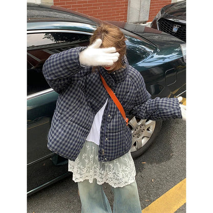 MEXZT Short Plaid Parkas Women Streetwear Stand Collar Puffer Jacket Winter Korean Down Coats Fashion Cotton Padded Outerwears