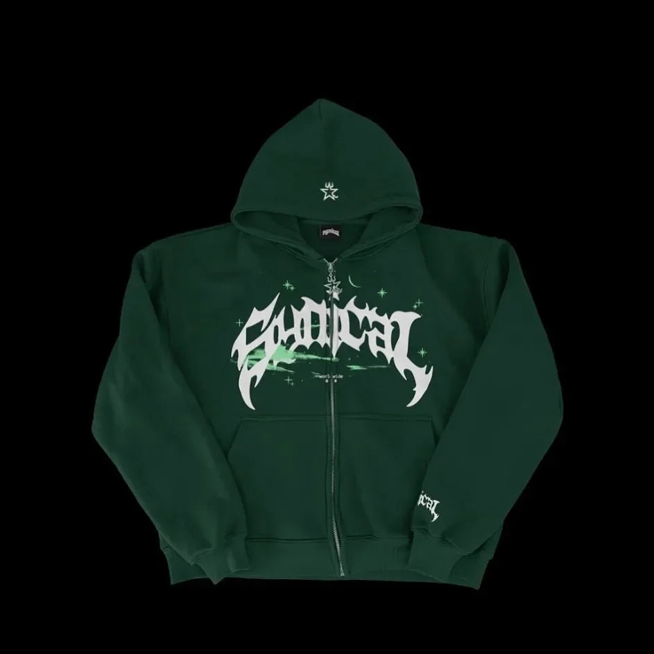 Men's Zipper Retro Hooded Sweatshirt with Star lettering Multi functional Casual Jacket, American Fashion 2025