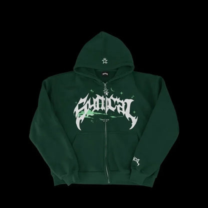 Men's Zipper Retro Hooded Sweatshirt with Star lettering Multi functional Casual Jacket, American Fashion 2025