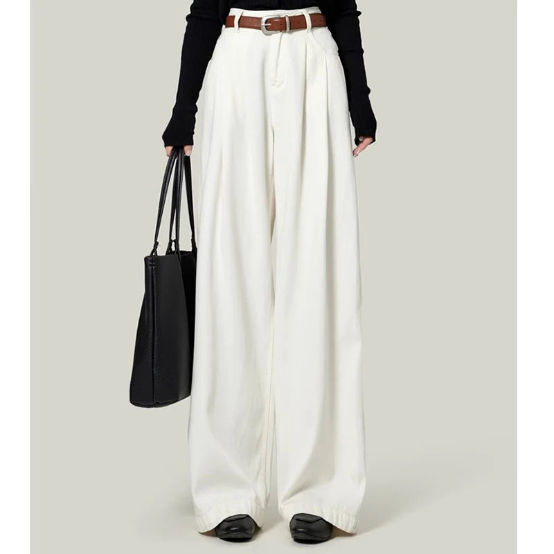 Woman High Waist Straight Leg Jeans Lady Loose Denim Wide Leg Pants Girls Korean Khaki Retro Blue Light Blue Gray White Trousers