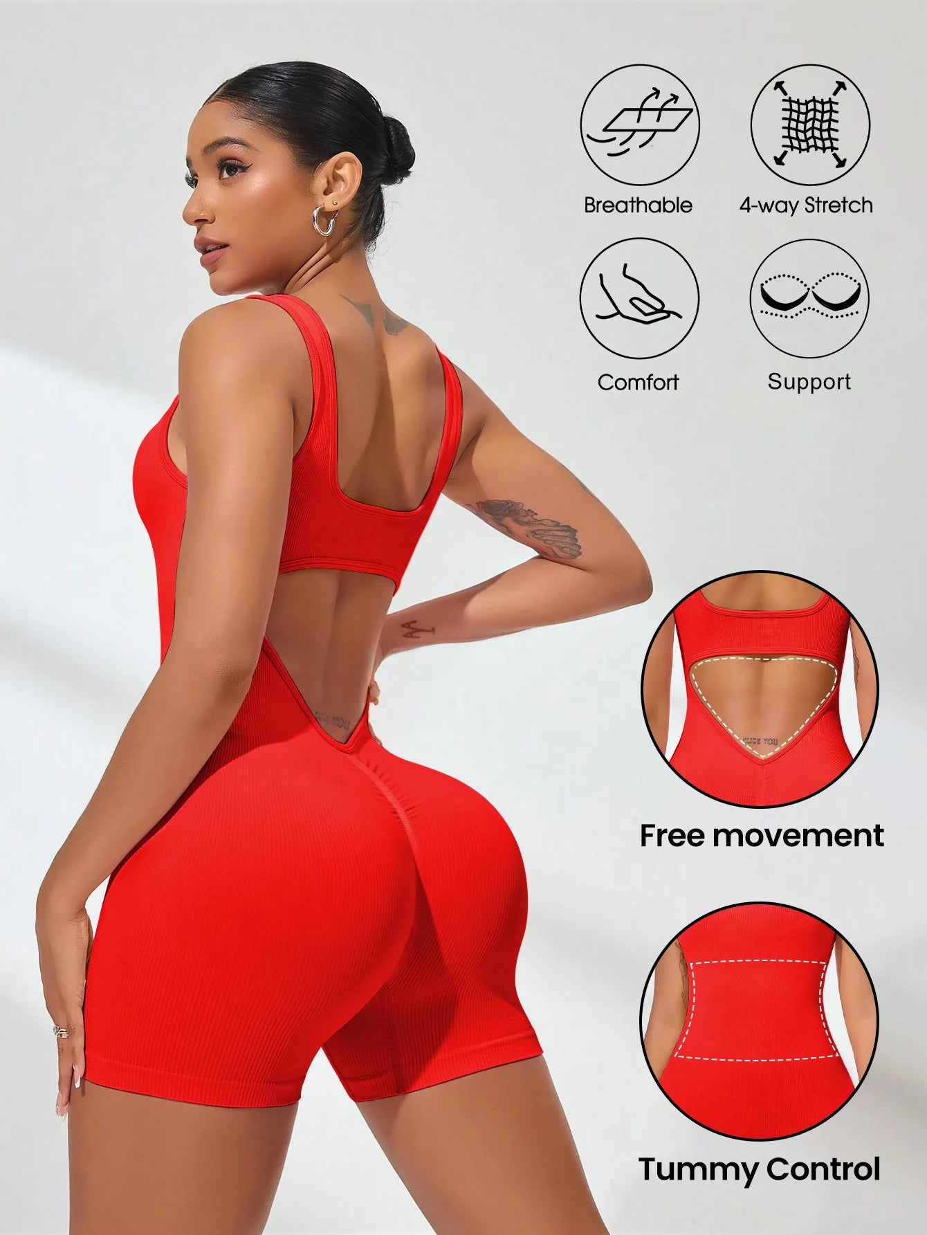 Sexy Backless Women Yoga Rompers U Neck Sleeveless Threaded Jumpsuit Solid Color Elastic Bodysuit Without Bust Pads Streetwear