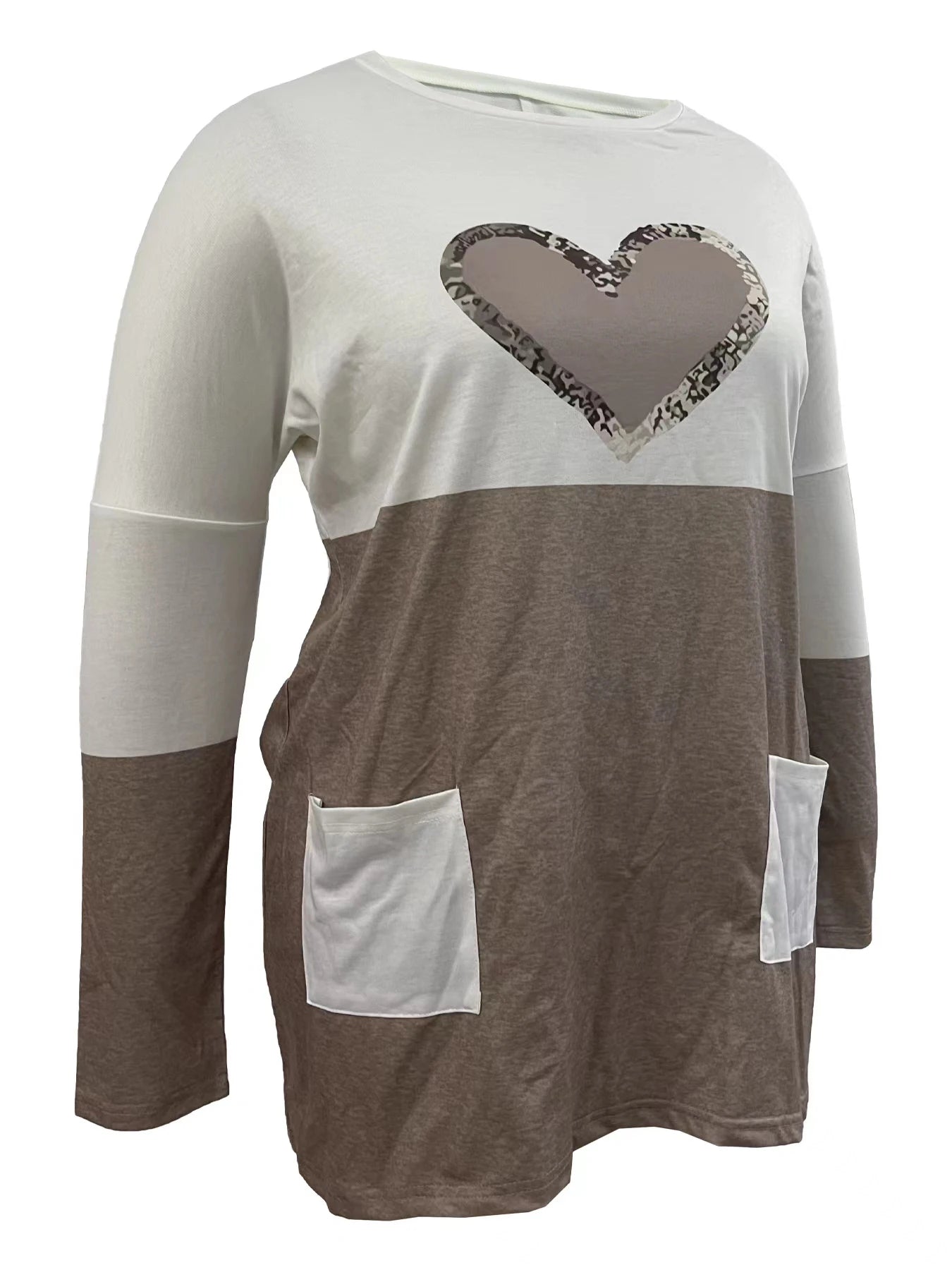 2024 Plus Size Europe And The United States Autumn Love Printed Round Neck Loose Color Contrast Long Sleeve T-Shirt Women