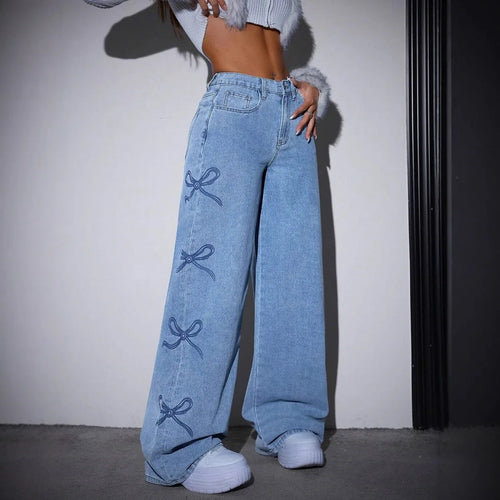 Wide Leg Pants Women Bow Print Jeans High Waist Washed Distressed Straight Trousers Vintage Denims Floor Length Streetwear
