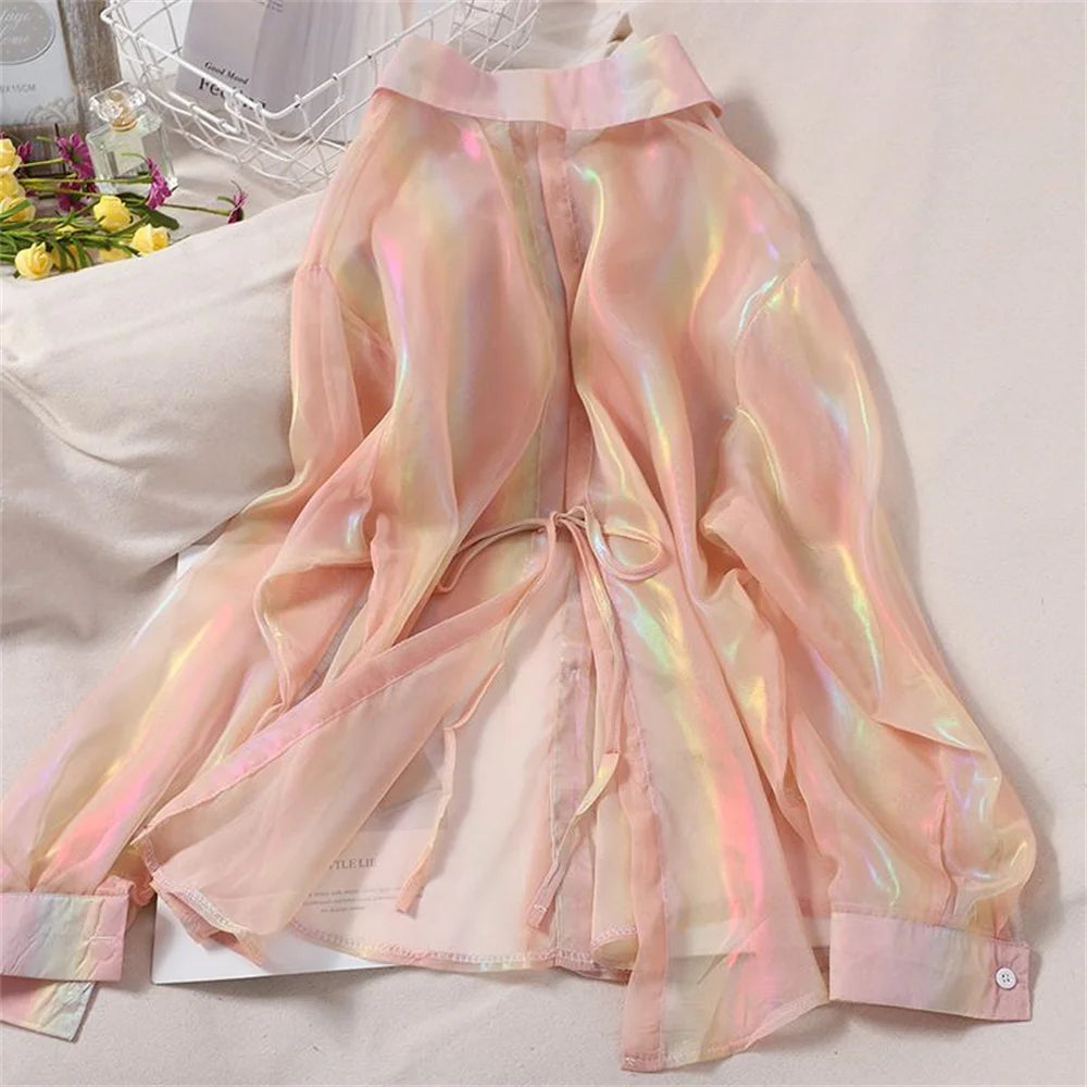 Rainbow Loose Women Tops Shirts Colors Glossy Thin Blouse Fashion Korean Long Sleeve Summer Beach Cute Ladies Tops Summer Casual