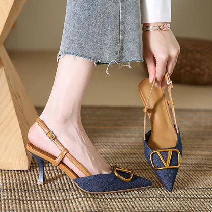 Retro High Heels 2025 New French Light Mouth Pointed Head Thin Heel Women's Denim High Heel Sandals Summer Bag Head