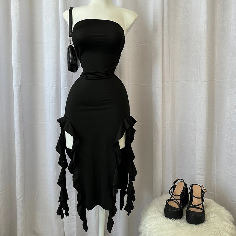 Women Strapless Sexy Floral Fold Hemline High Slit Mini Dress 2025 $ 2026 Solid Backless Sleeveless Black And Pink Party Dress Vestidos