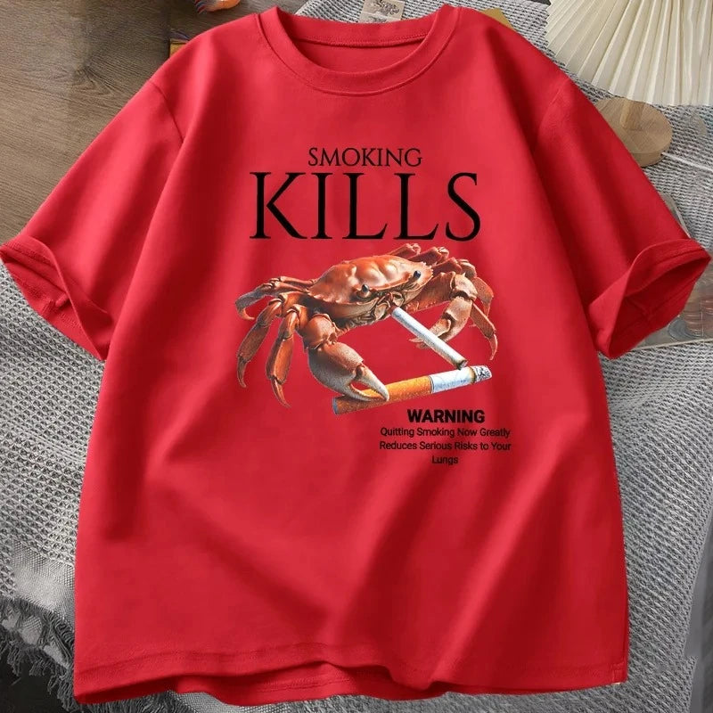 Smoking Kills Crab T-shirt Out of Control Suspected Grotesque Style T-shirt Strange Pattern T-sleeve Baseball Shirt