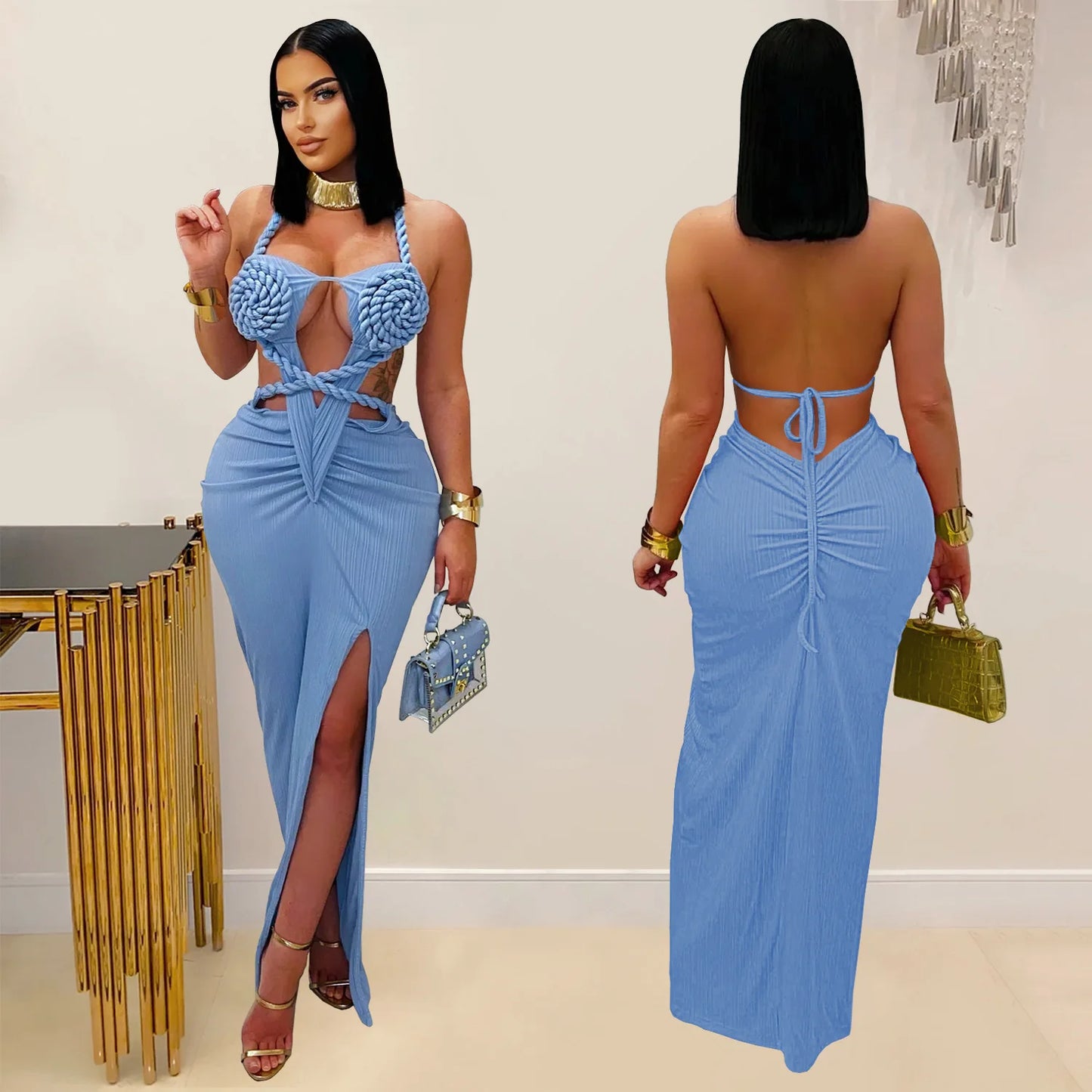 Women's Hollow Out Sleeveless Sexy Knitted Halter Neck Backless Solid Color Dress for Summer 2025