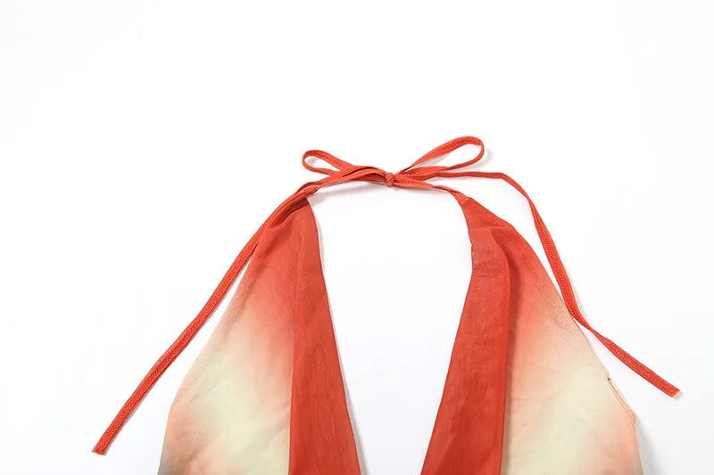 VEITCHE Summer Women Print Mesh Sexy Halter Skirt 2 Pieces Sets Off-shoulder Sleeveless Backless Tops And Skirt Two Pieces Sets