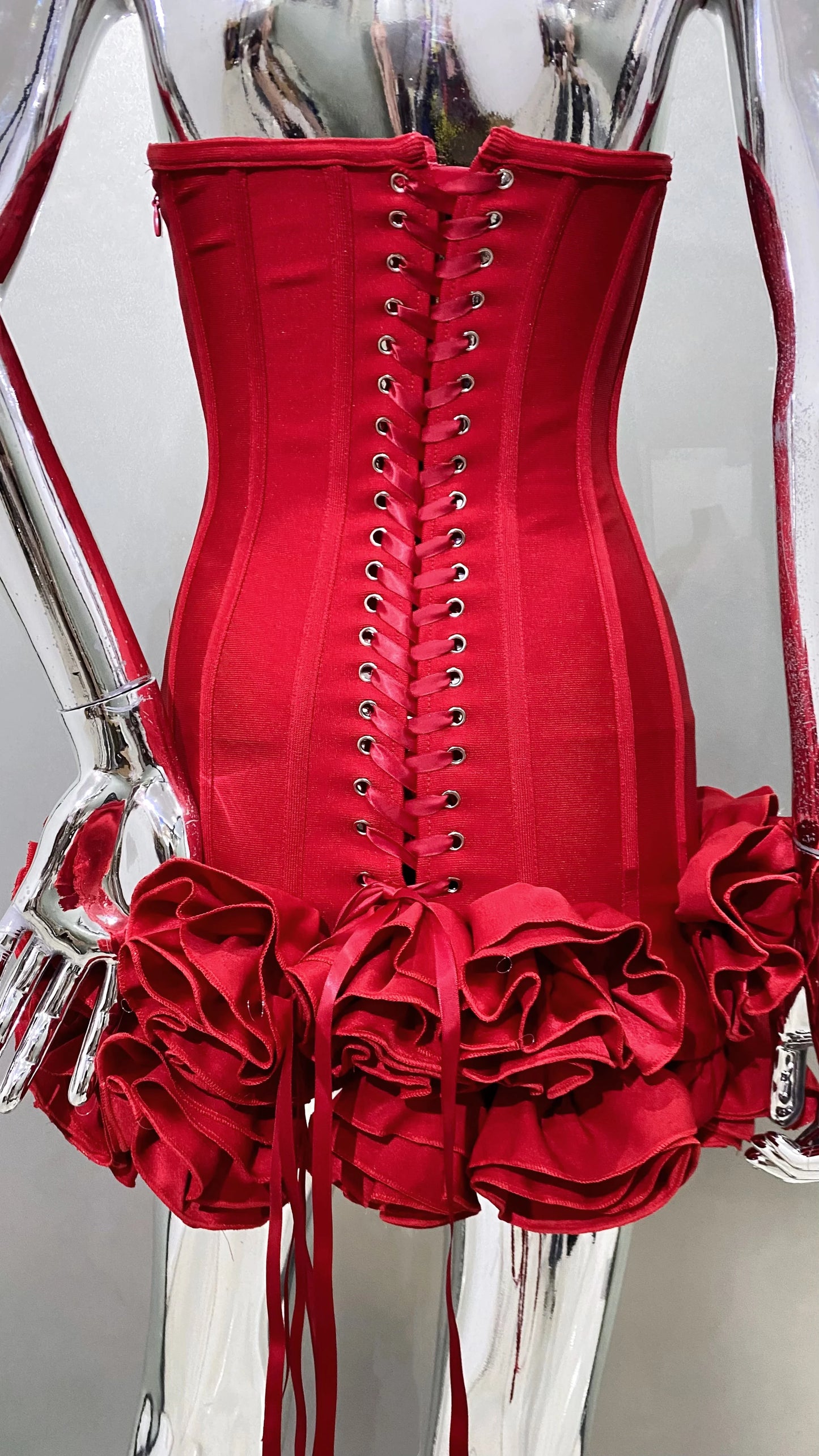 Stereoscopic Flowers Back Laceing Strapless Red Bandage Mini Evening Dress Sweet Woman Birthday Party Dress Performance costume