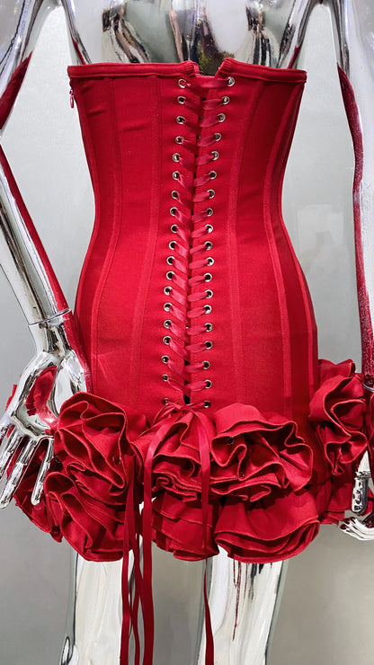 Stereoscopic Flowers Back Laceing Strapless Red Bandage Mini Evening Dress Sweet Woman Birthday Party Dress Performance costume