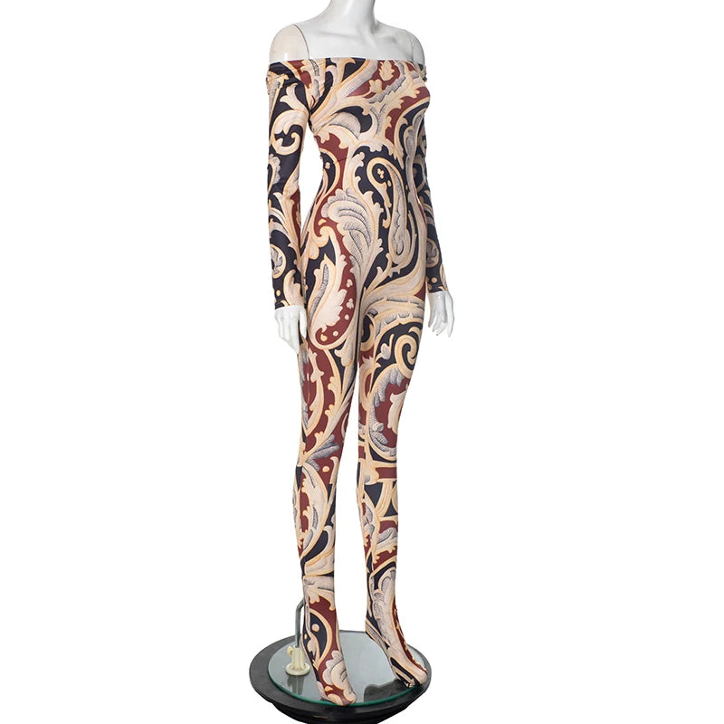 CUTENOVA Fall New Colorful Printed Women'S Jumpsuit  One-Shoulder Strapless Long Sleeves Slim Fit Elastic Ankles Jumpsuit Female