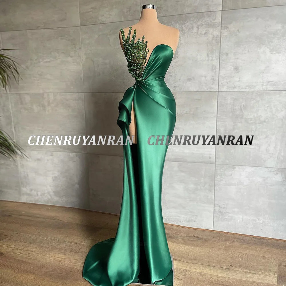 Green Evening Dresses 2025&2026 Sweetheart Sequin Beaded Long Satin Formal Party Dress Pleat Side Split Sexy Zipper Simple Prom Gowns