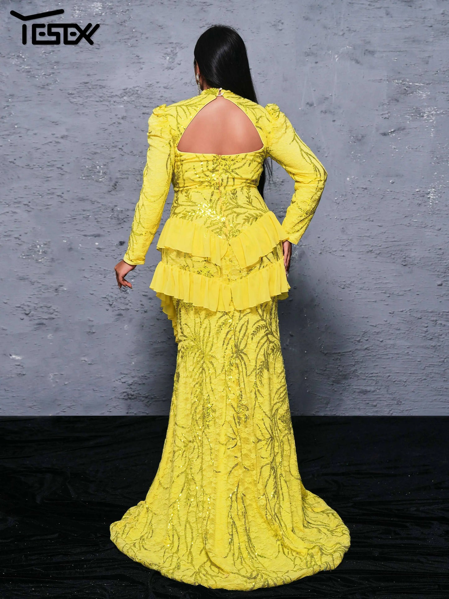 Yesexy Plus Size Elegant Beautiful Women Round Neck Long Sleeved Split Evening Gown Wedding Birthday Party Formal Occasion Dress